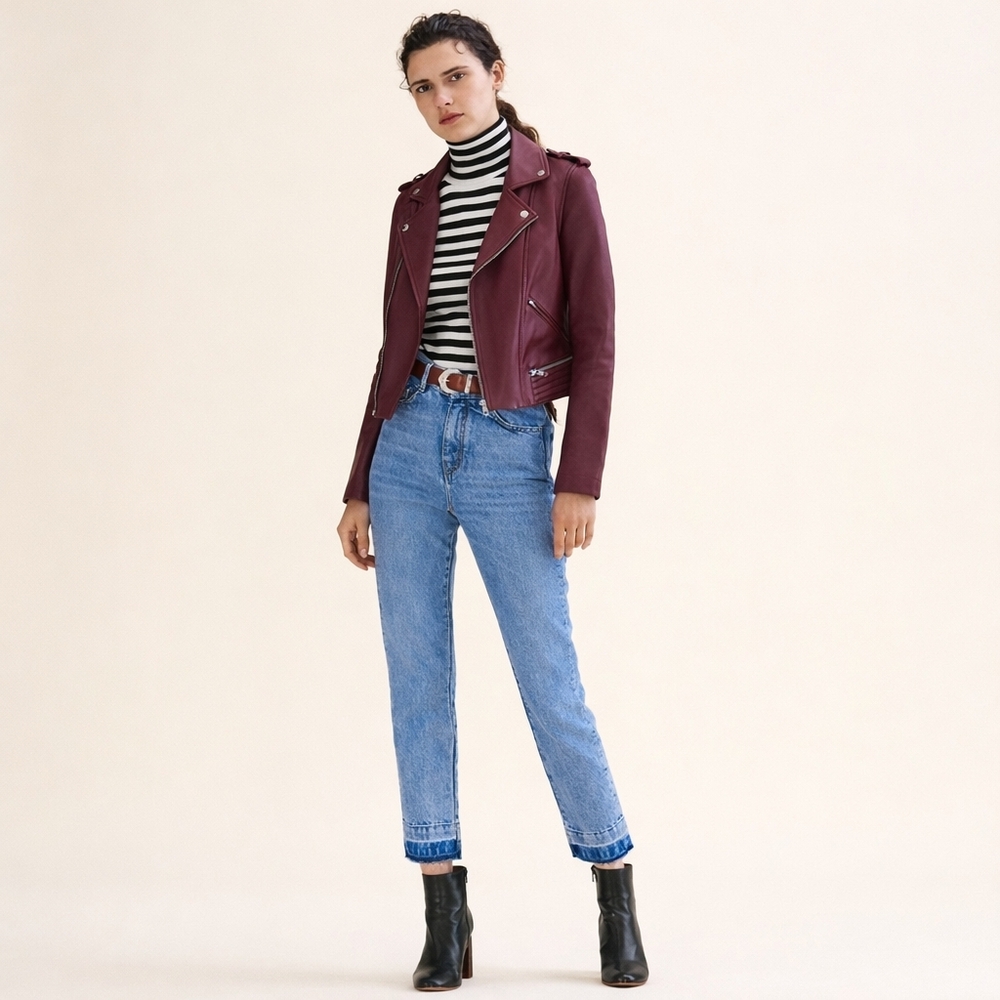 Maje Parazar Blue High Waist Straight Leg Crop Jeans Released Raw Hem Faded 34/0